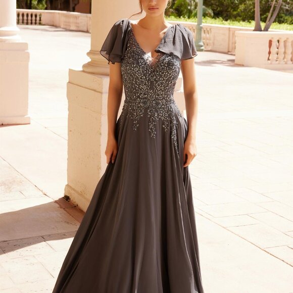 Charcoal gray plus size formal mother of the bride/groom dress with sleeves
